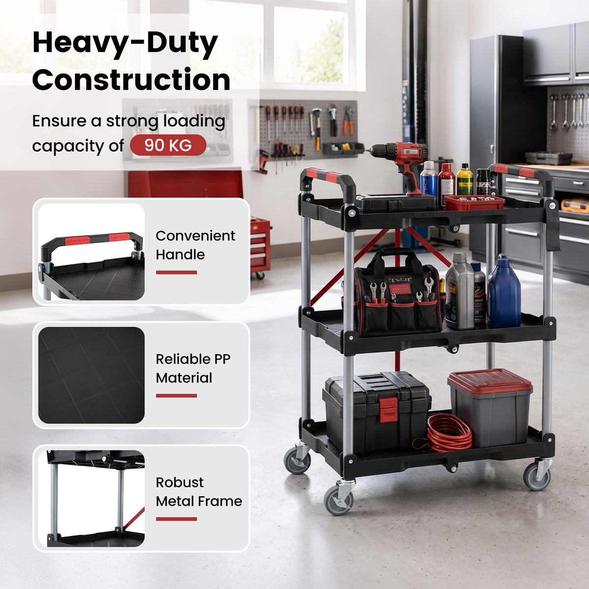 3-Tier Folding Utility Cart with Swivel Wheels and Brakes