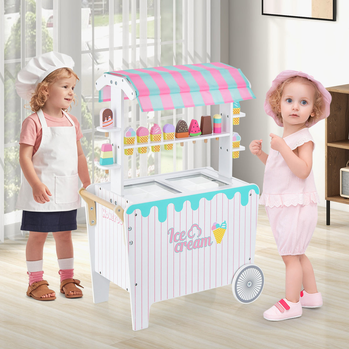 Ice Cream and Food Trunk Toy with 2 Large Wheels for Kids