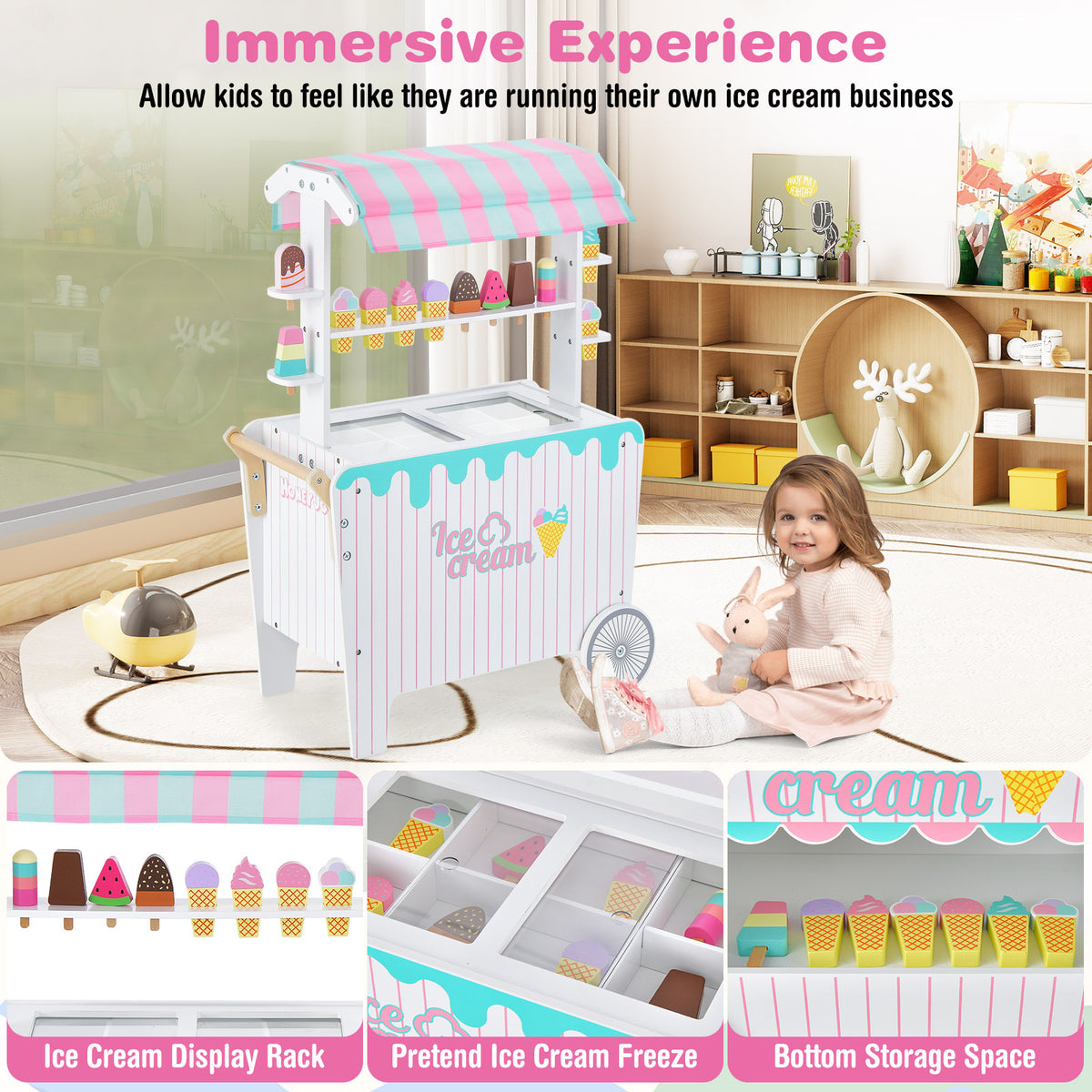 Ice Cream and Food Trunk Toy with 2 Large Wheels for Kids