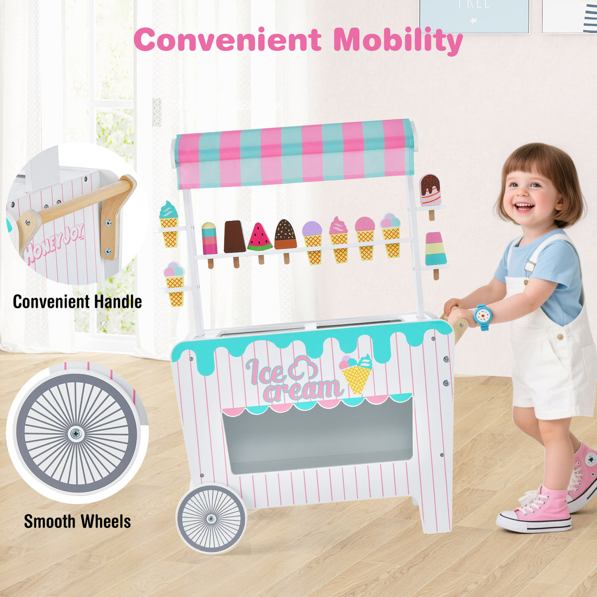 Ice Cream and Food Trunk Toy with 2 Large Wheels for Kids