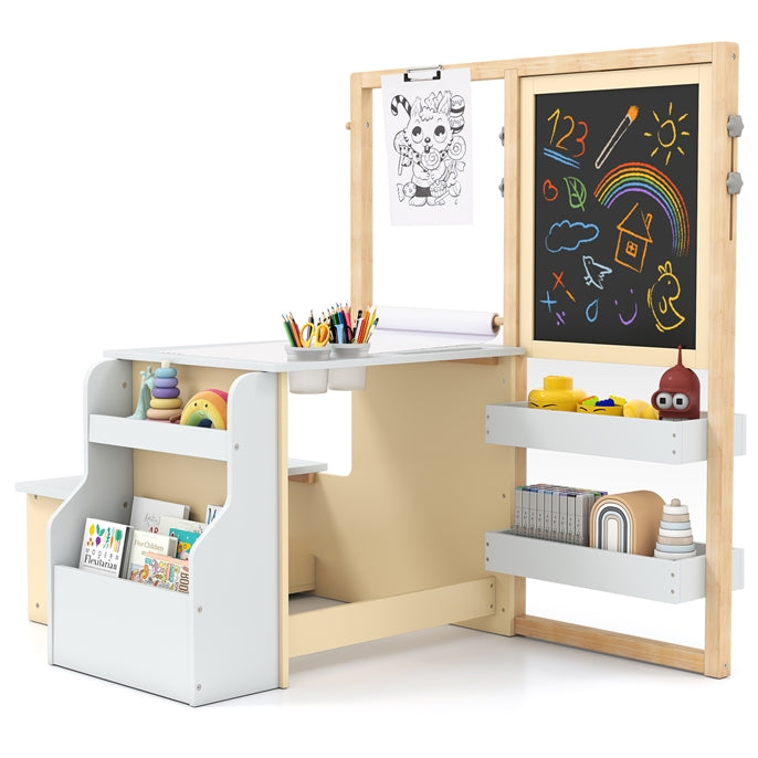 Kids Art Table & Bench Set with Double-Sided Adjustable Easel