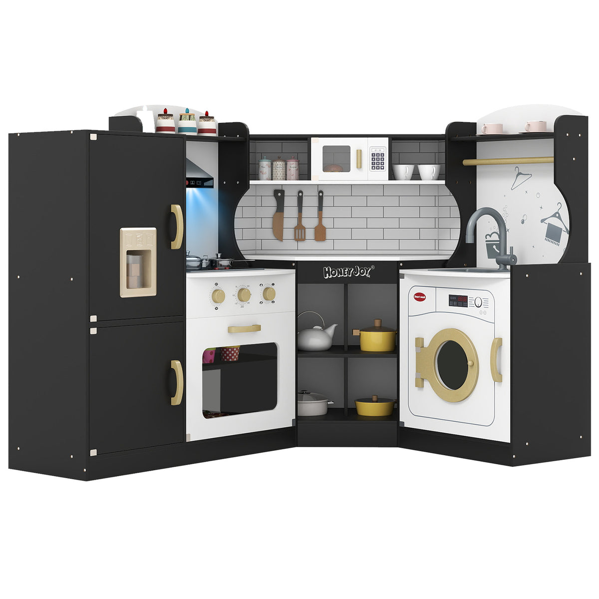 Corner Play Kitchen, Toddler Kitchen Playset with Range Hood, Ice Maker, Microwave, Oven, Sink, Washing Machine
