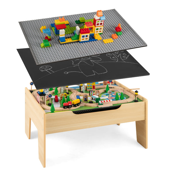 All-in-One Kids Activity Table, Wooden Construction Play Table with Reversible Blackboard & Map Tabletop