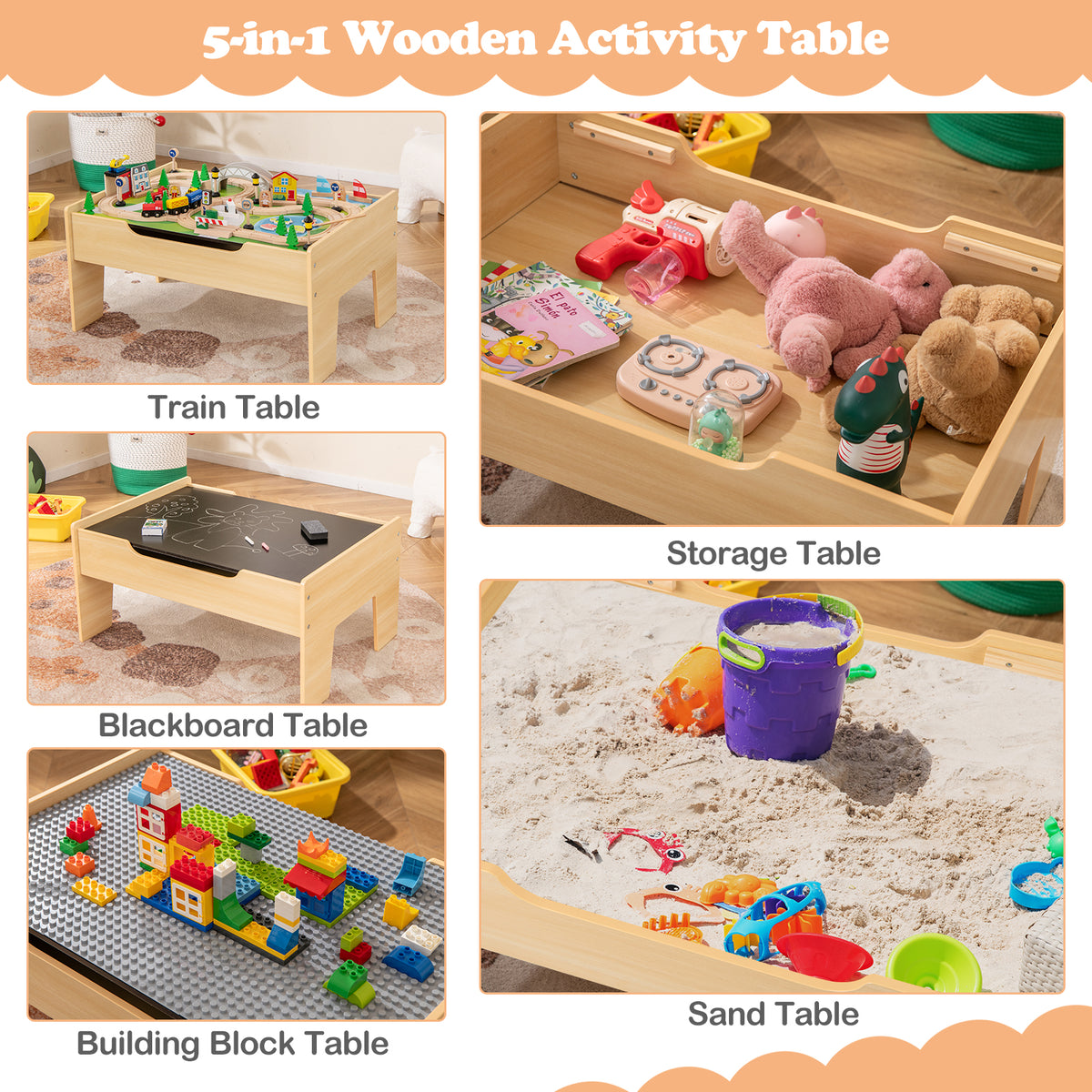 All-in-One Kids Activity Table, Wooden Construction Play Table with Reversible Blackboard & Map Tabletop