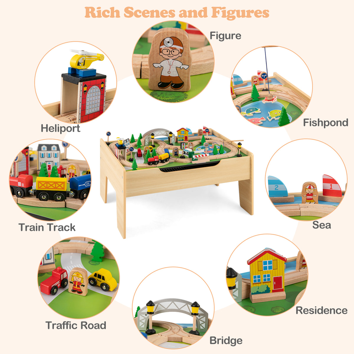 All-in-One Kids Activity Table, Wooden Construction Play Table with Reversible Blackboard & Map Tabletop