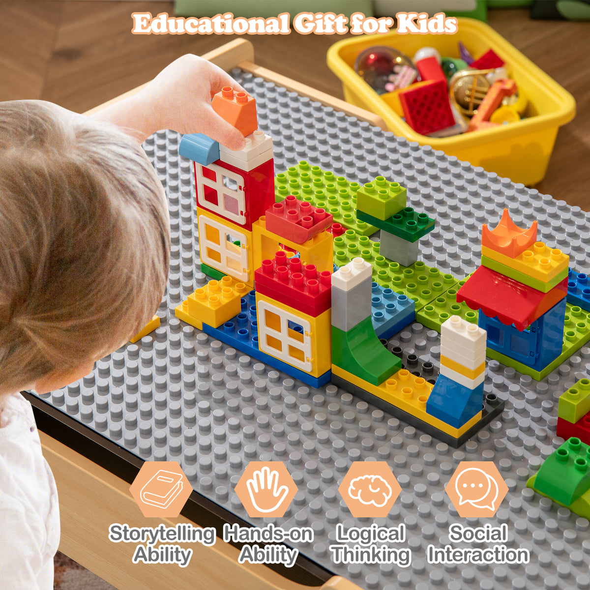 All-in-One Kids Activity Table, Wooden Construction Play Table with Reversible Blackboard & Map Tabletop