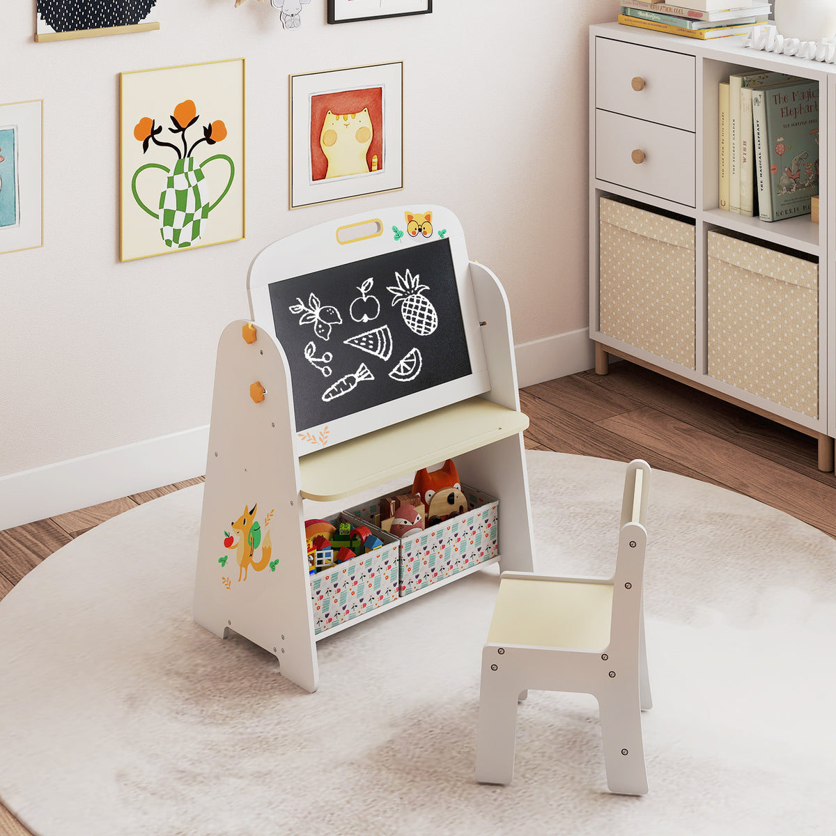 Kids Table and Chair Set, 4-in-1 Art Easel and Bookshelf