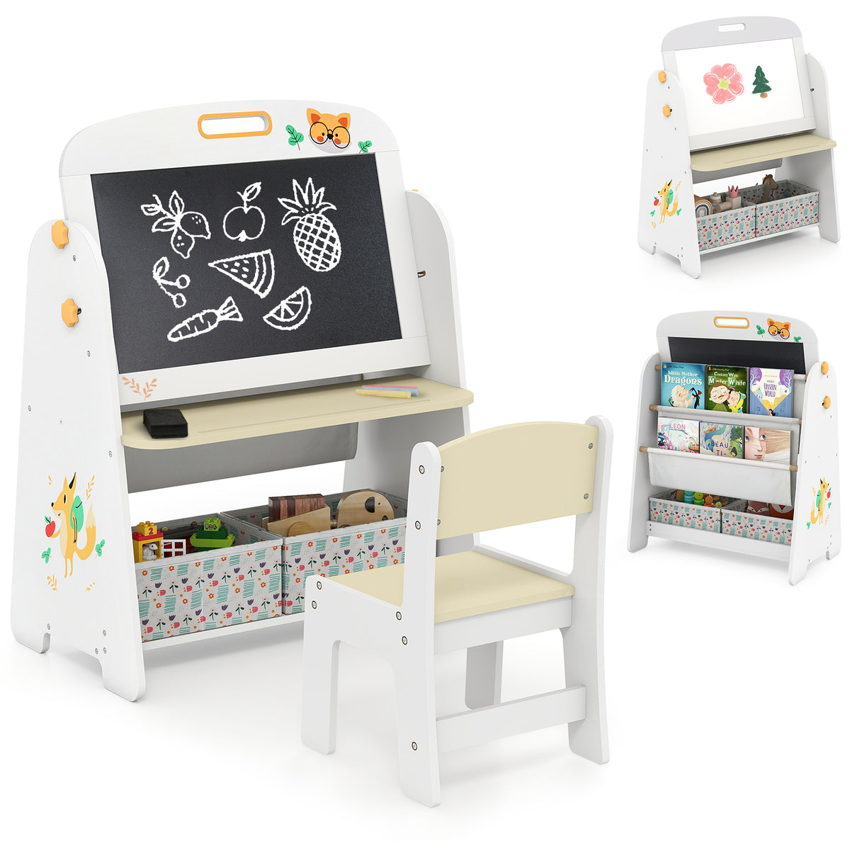 Kids Table and Chair Set, 4-in-1 Art Easel and Bookshelf
