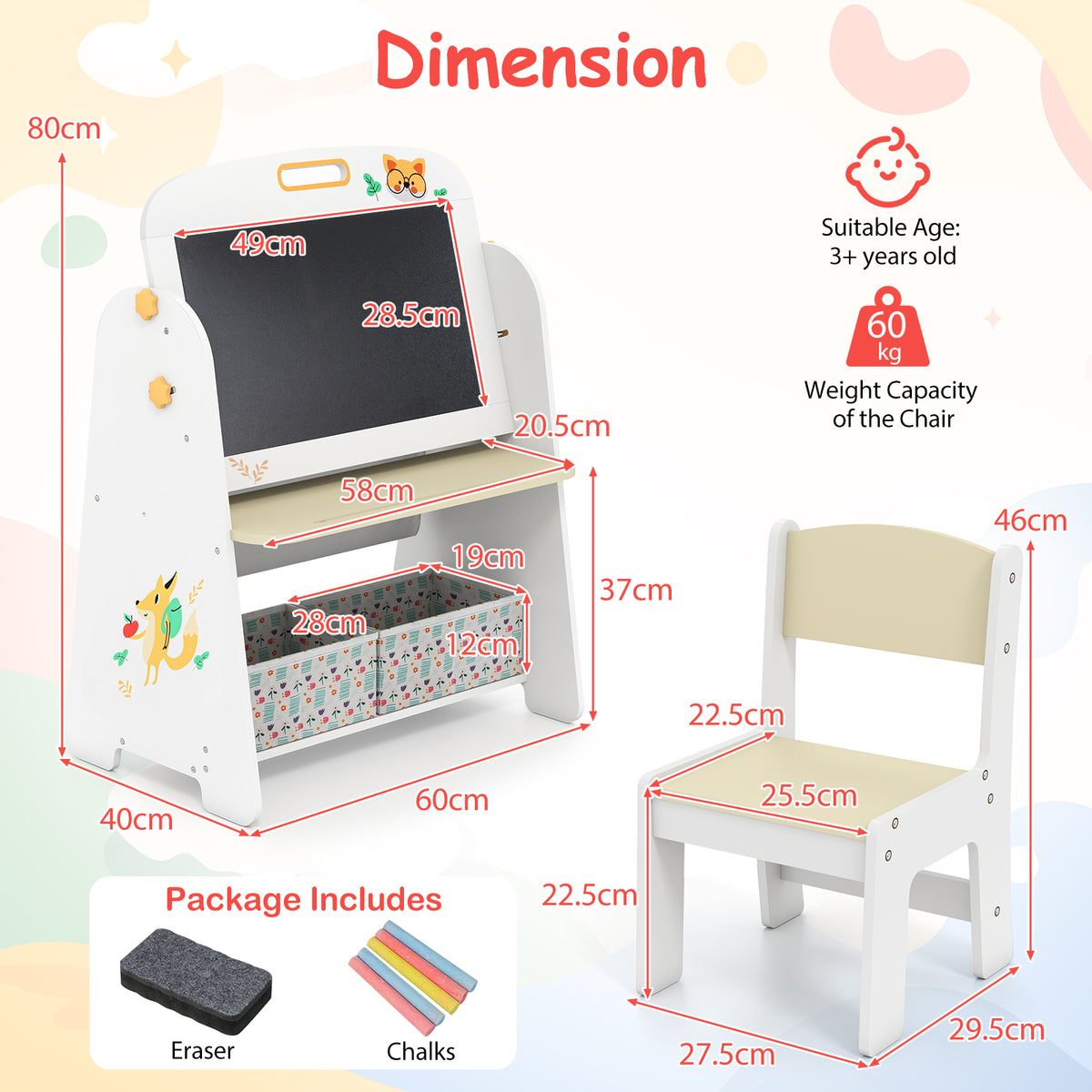 Kids Table and Chair Set, 4-in-1 Art Easel and Bookshelf