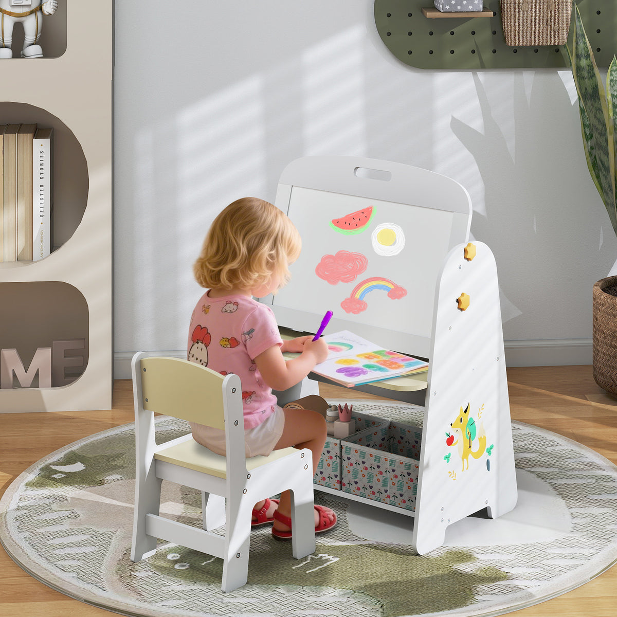 Kids Table and Chair Set, 4-in-1 Art Easel and Bookshelf