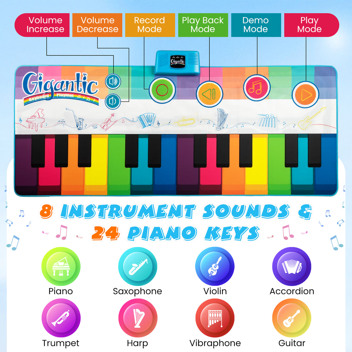 Floor Piano Dance Mat for Kids with 8 Instrument Sounds