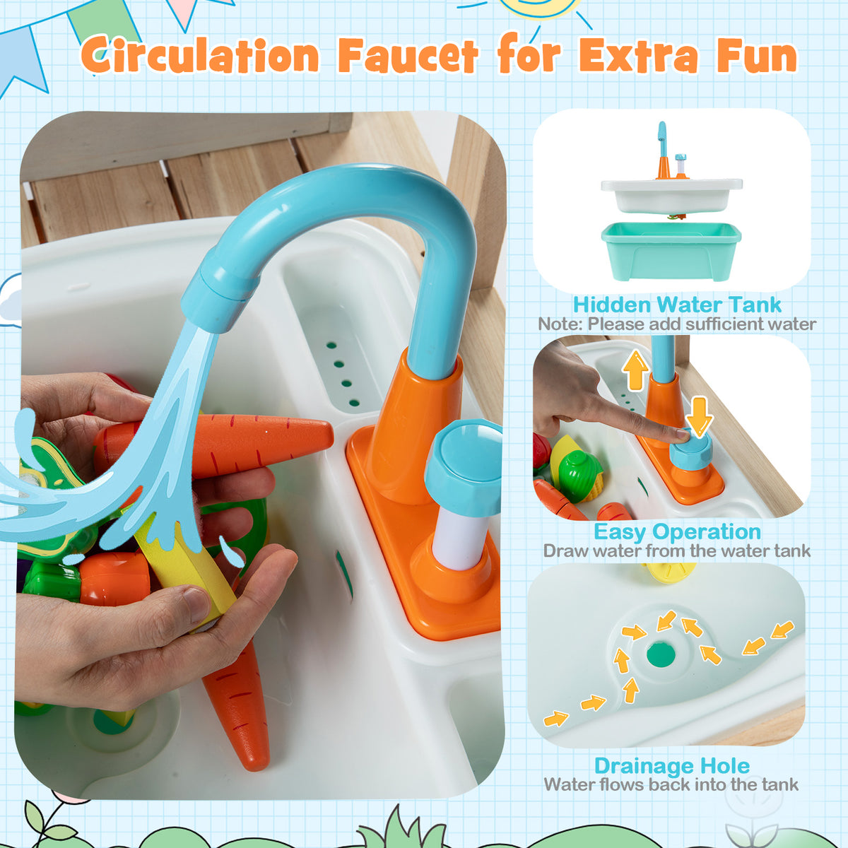 Wooden Toy Kitchen Playset with Removable Sink and Circulation Faucet