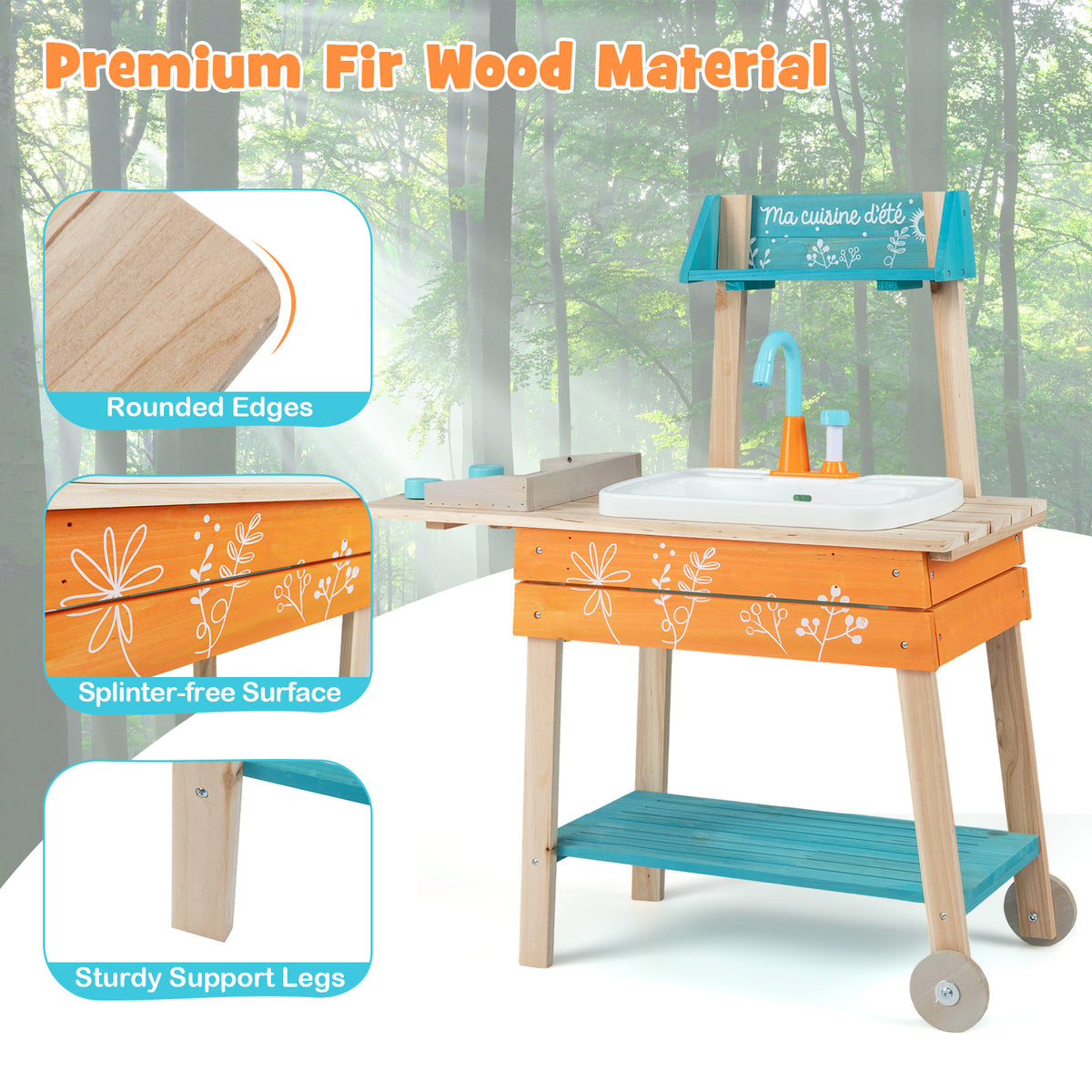 Wooden Toy Kitchen Playset with Removable Sink and Circulation Faucet