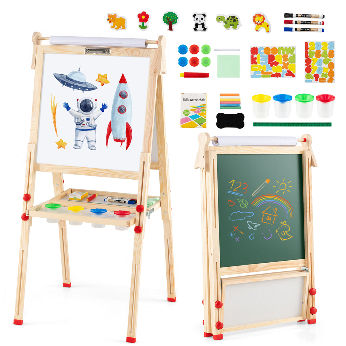 3-in-1 Easel for Kids, Double-Sided Folding Wooden Kids Art Easel with Paper Roll, Adjustable Height, Magnetic Whiteboard