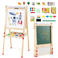 3-in-1 Easel for Kids, Double-Sided Folding Wooden Kids Art Easel with Paper Roll, Adjustable Height, Magnetic Whiteboard