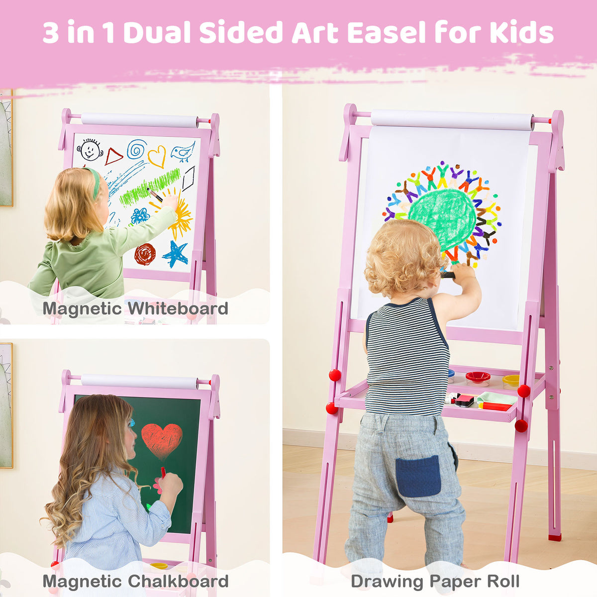 3-in-1 Easel for Kids, Double-Sided Folding Wooden Kids Art Easel with Paper Roll, Adjustable Height, Magnetic Whiteboard