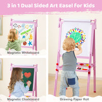 3-in-1 Easel for Kids, Double-Sided Folding Wooden Kids Art Easel with Paper Roll, Adjustable Height, Magnetic Whiteboard