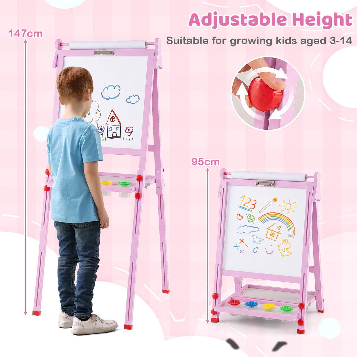 3-in-1 Easel for Kids, Double-Sided Folding Wooden Kids Art Easel with Paper Roll, Adjustable Height, Magnetic Whiteboard