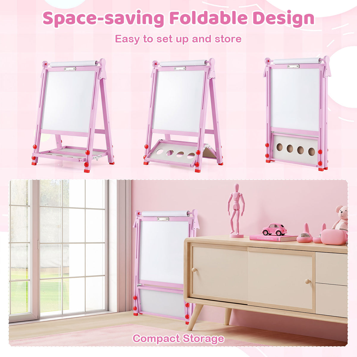 3-in-1 Easel for Kids, Double-Sided Folding Wooden Kids Art Easel with Paper Roll, Adjustable Height, Magnetic Whiteboard