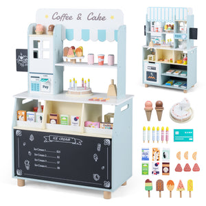 Kids Ice Cream Shop Wooden Grocery Store with 27 Accessories Gift for Boys and Girls Aged 3+