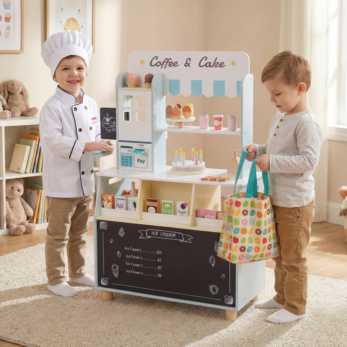 Kids Ice Cream Shop Wooden Grocery Store with 27 Accessories Gift for Boys and Girls Aged 3+