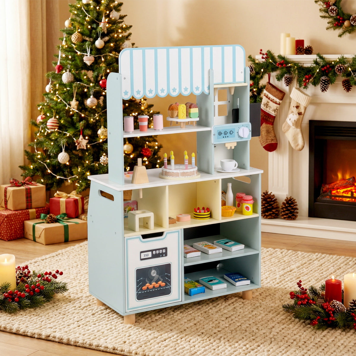 Kids Ice Cream Shop Wooden Grocery Store with 27 Accessories Gift for Boys and Girls Aged 3+