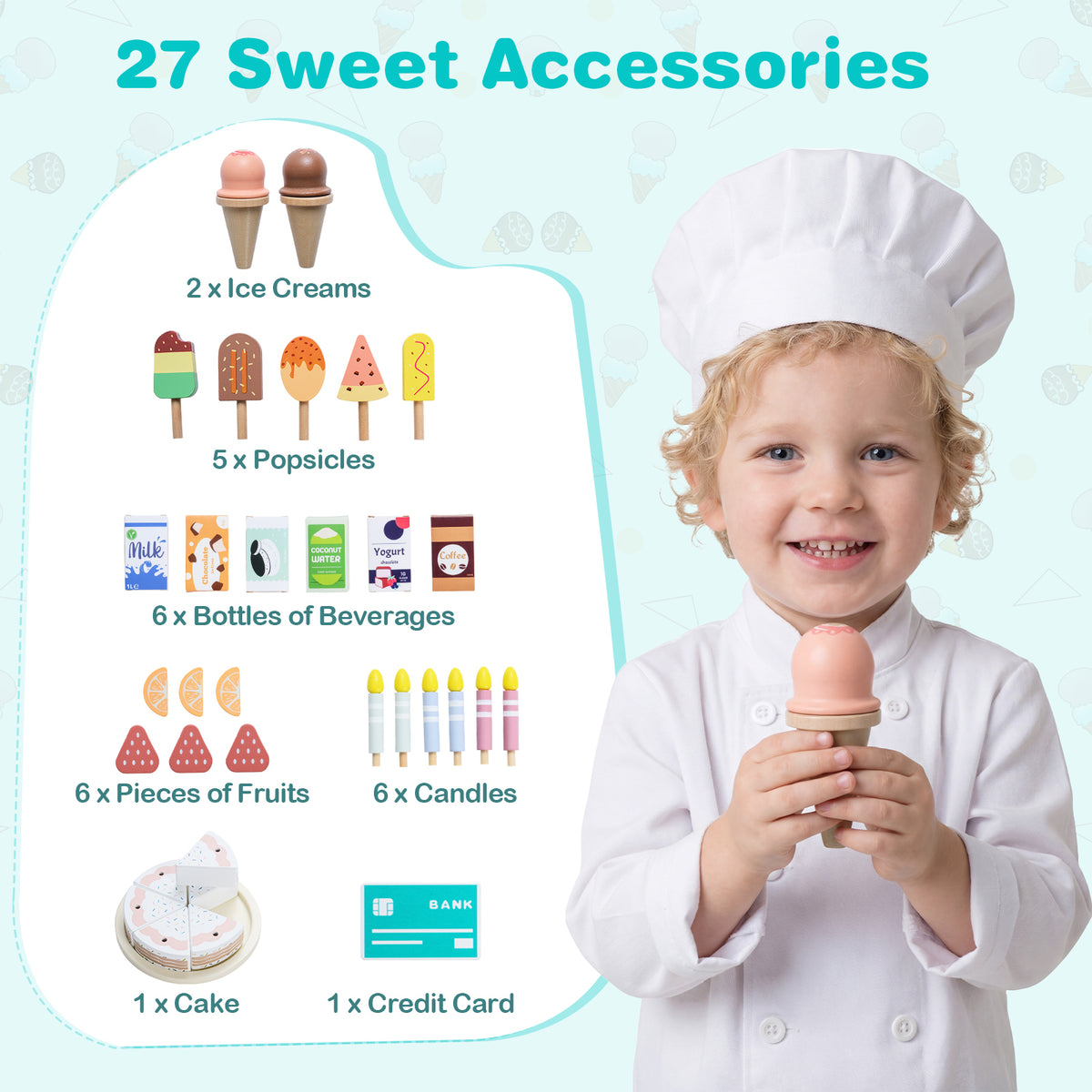 Kids Ice Cream Shop Wooden Grocery Store with 27 Accessories Gift for Boys and Girls Aged 3+