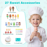 Kids Ice Cream Shop Wooden Grocery Store with 27 Accessories Gift for Boys and Girls Aged 3+