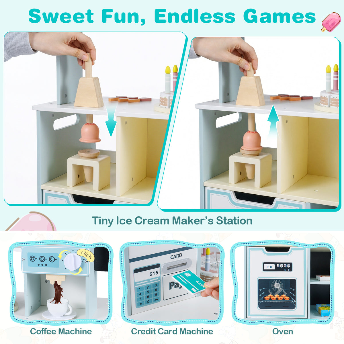 Kids Ice Cream Shop Wooden Grocery Store with 27 Accessories Gift for Boys and Girls Aged 3+