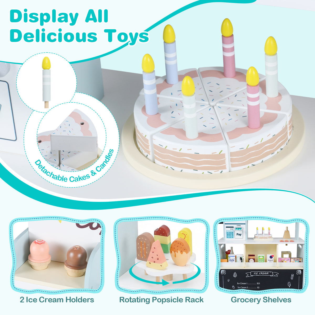 Kids Ice Cream Shop Wooden Grocery Store with 27 Accessories Gift for Boys and Girls Aged 3+