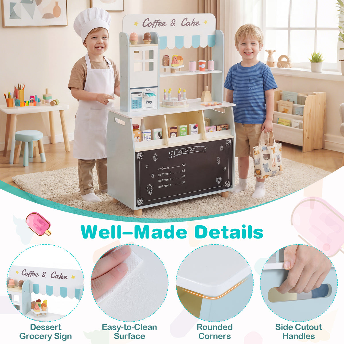 Kids Ice Cream Shop Wooden Grocery Store with 27 Accessories Gift for Boys and Girls Aged 3+