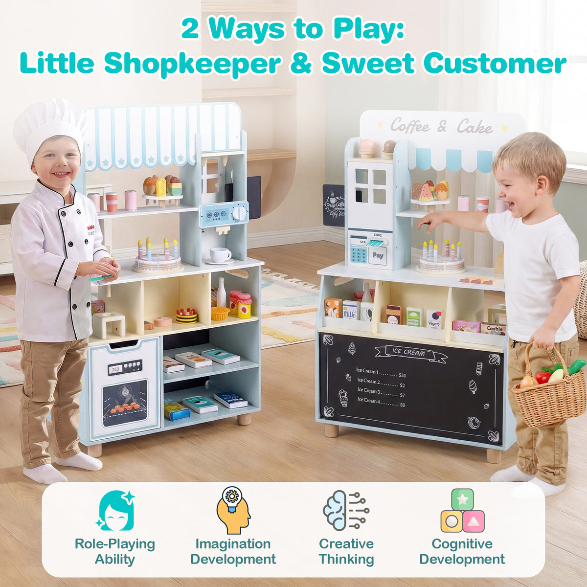 Kids Ice Cream Shop Wooden Grocery Store with 27 Accessories Gift for Boys and Girls Aged 3+