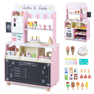 Kids Ice Cream Shop Wooden Grocery Store with 27 Accessories Gift for Boys and Girls Aged 3+