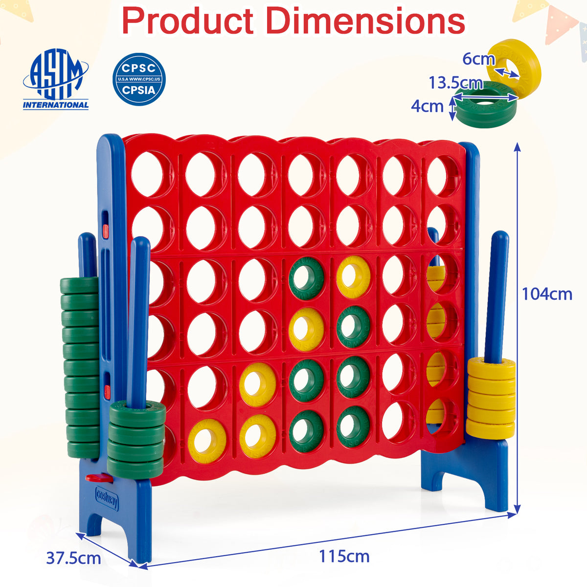 Giant 4-in-a-Row Game Set, Jumbo 4-to-Score Game with 42 Rings and Quick-Release Slider for Kids and Adults