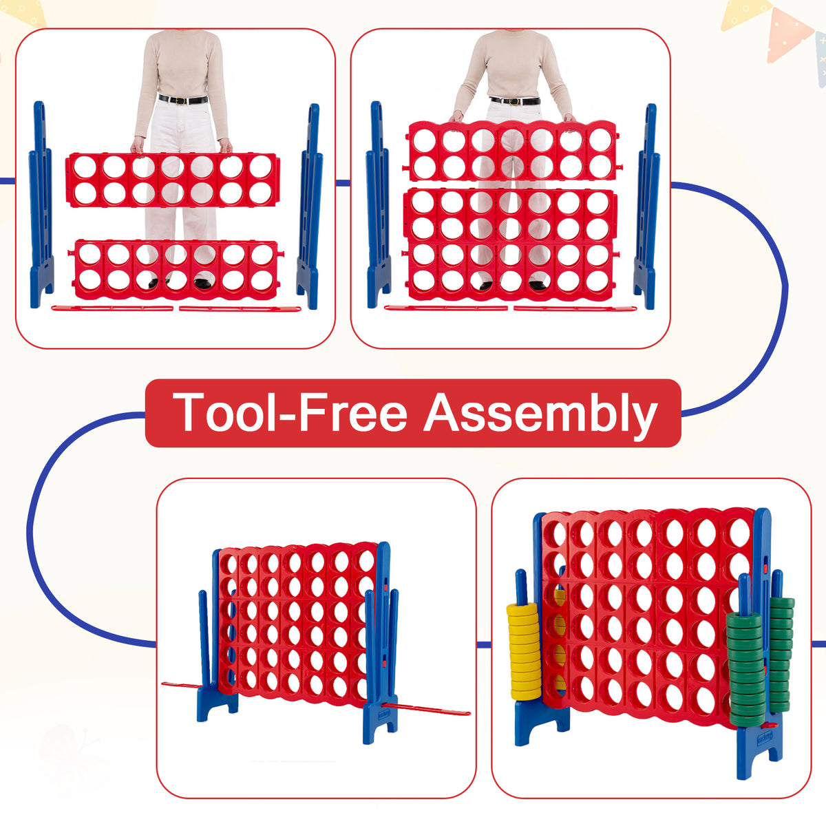 Giant 4-in-a-Row Game Set, Jumbo 4-to-Score Game with 42 Rings and Quick-Release Slider for Kids and Adults