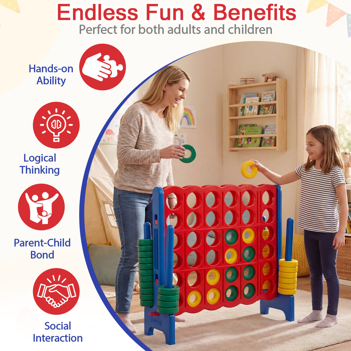 Giant 4-in-a-Row Game Set, Jumbo 4-to-Score Game with 42 Rings and Quick-Release Slider for Kids and Adults