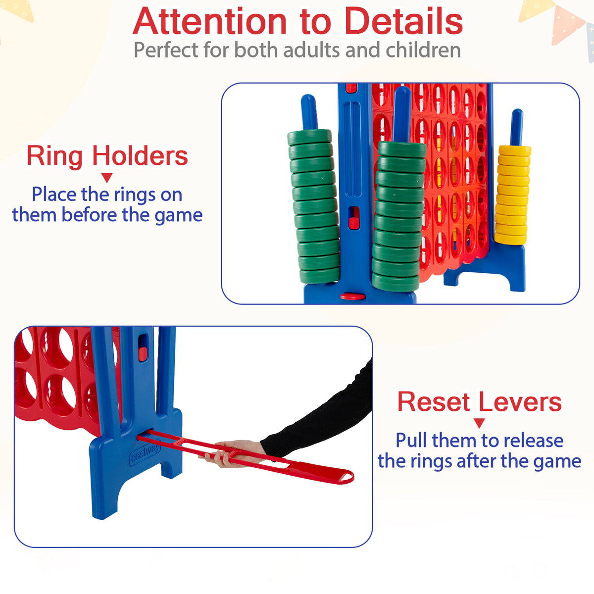 Giant 4-in-a-Row Game Set, Jumbo 4-to-Score Game with 42 Rings and Quick-Release Slider for Kids and Adults