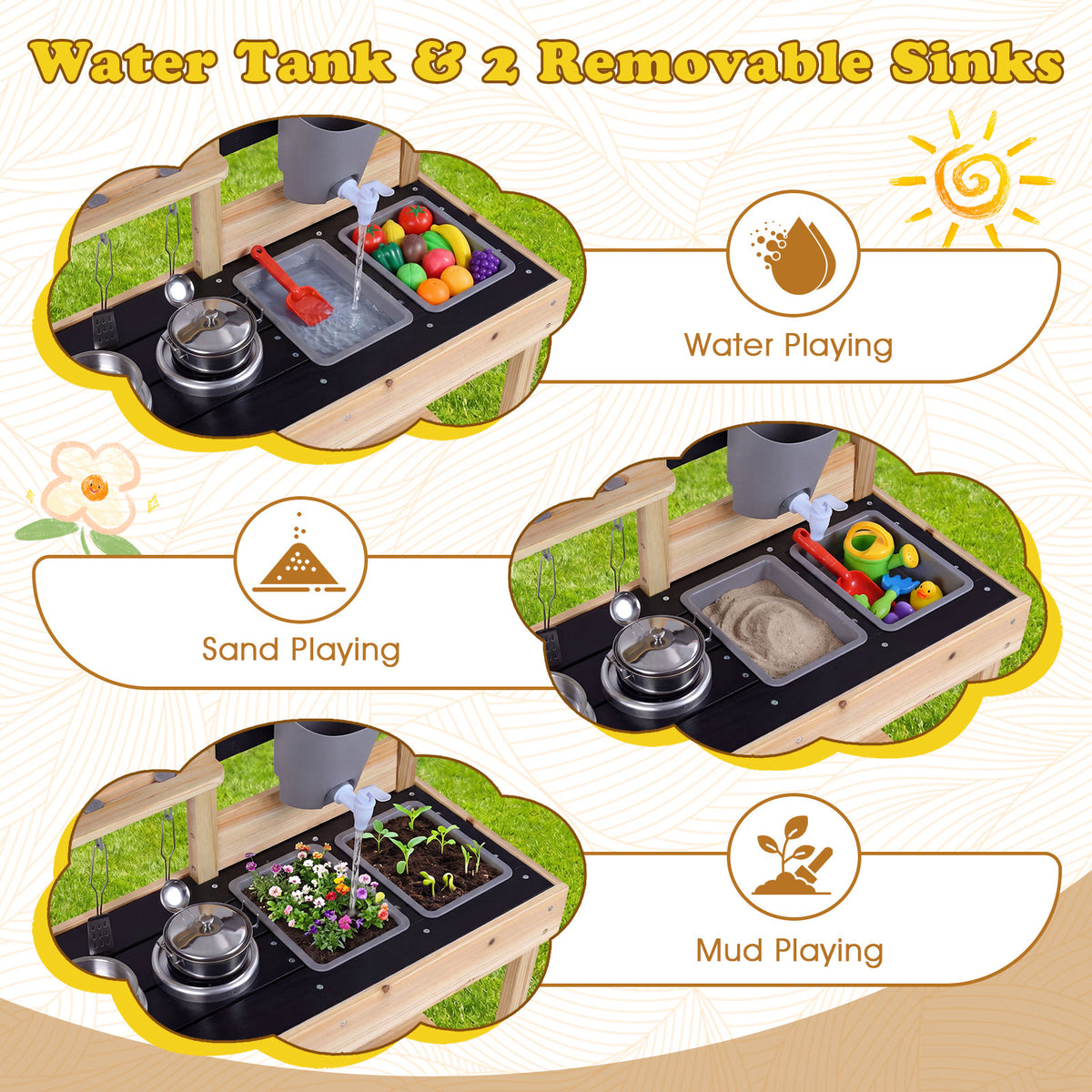 Mud Kitchen for Kids Outdoor with Stoves and Chalkboards for Children Ages 3+ Years