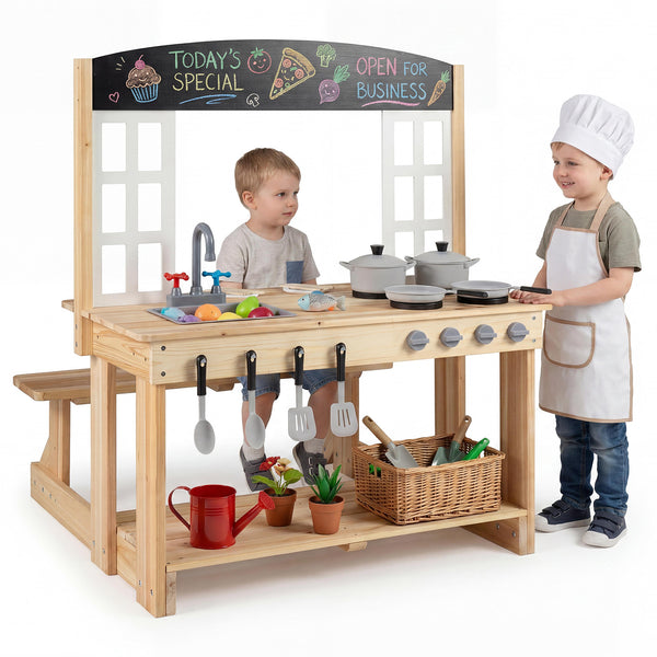 Outdoor Mud Kitchen with Stoves & Sink and Chalkboard for Kids