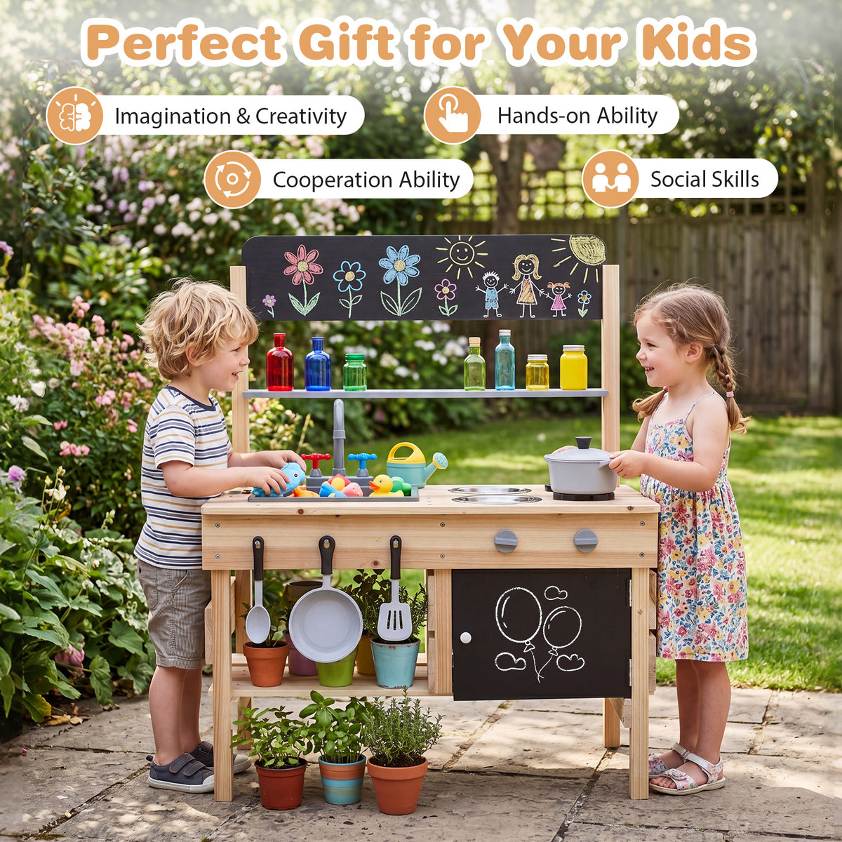 Outdoor Mud Kitchen for Kids Wooden Play Pretend Kitchen with Stoves