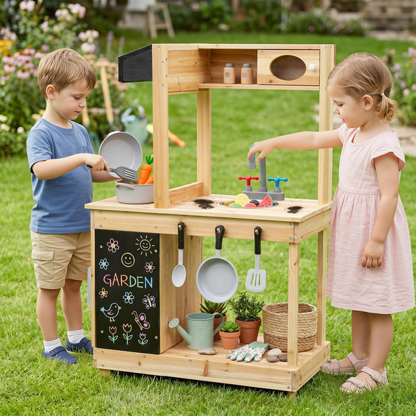 Outdoor Mud Kitchen for Kids Play Kitchen with Stoves Sink and Chalkboard