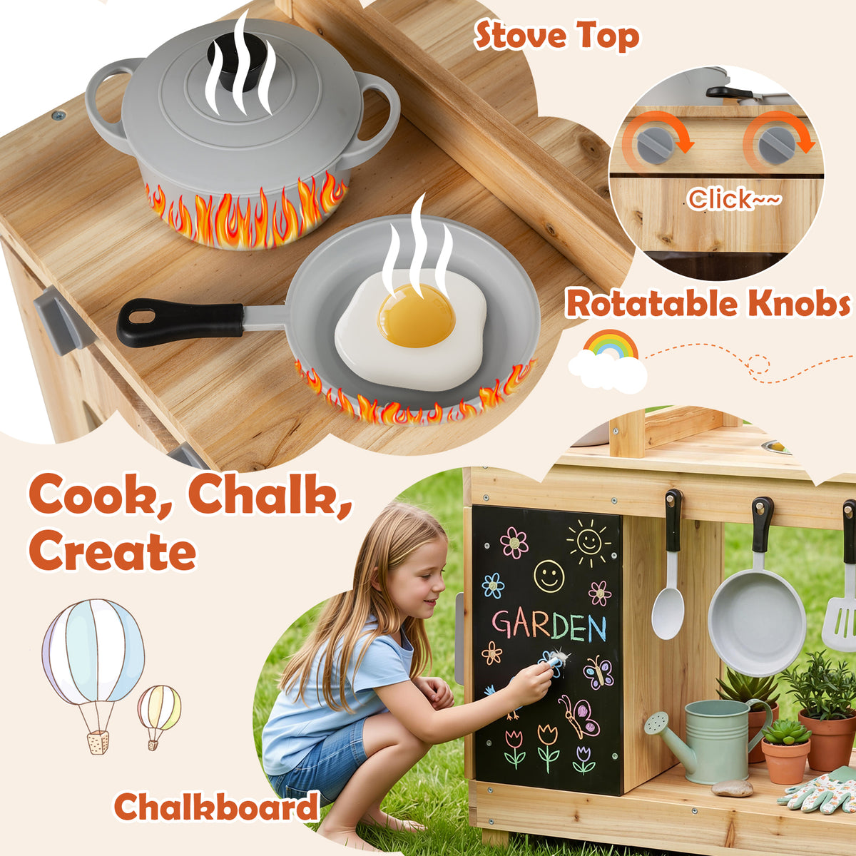 Outdoor Mud Kitchen for Kids Play Kitchen with Stoves Sink and Chalkboard