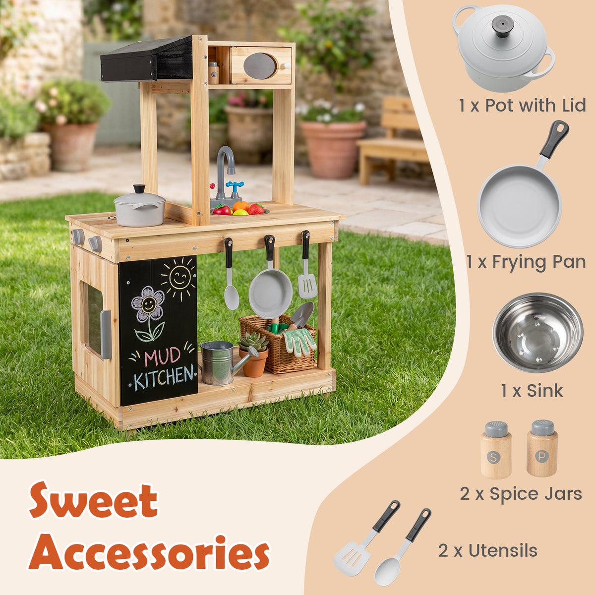 Outdoor Mud Kitchen for Kids Play Kitchen with Stoves Sink and Chalkboard
