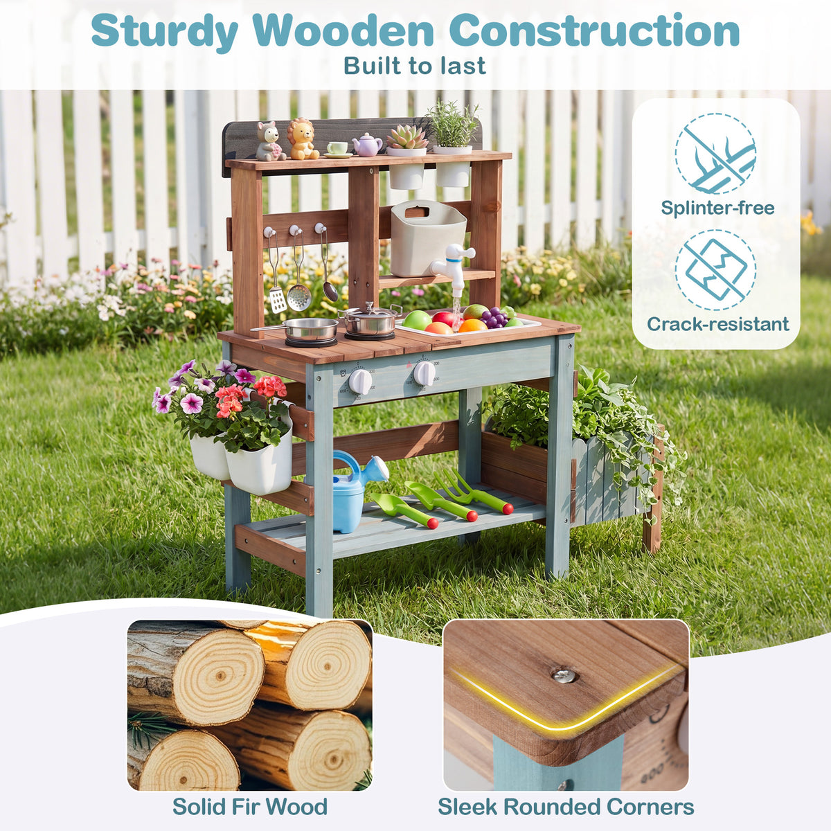 Outdoor Wooden Mud Kitchen Set Play Kitchen with Running Water Faucet Tank