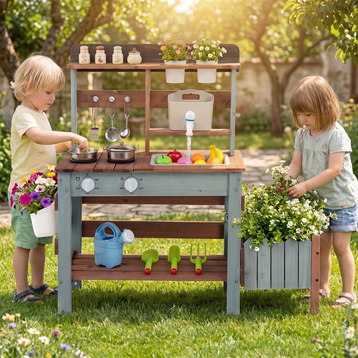 Outdoor Wooden Mud Kitchen Set Play Kitchen with Running Water Faucet Tank