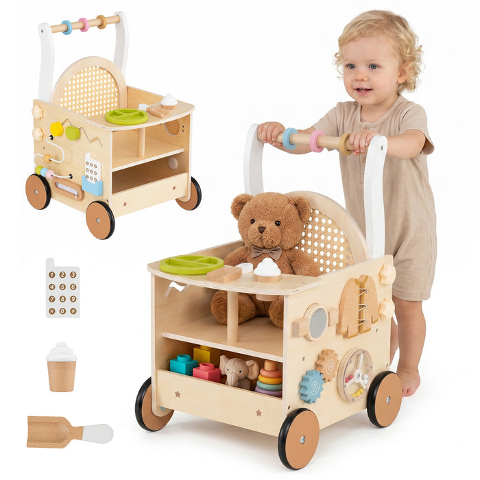 Wooden Baby Walker, 13-In-1 Toddler Push Walker with Wheels & Storage
