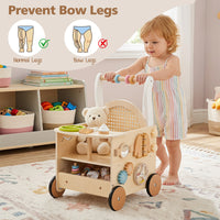 Wooden Baby Walker, 13-In-1 Toddler Push Walker with Wheels & Storage
