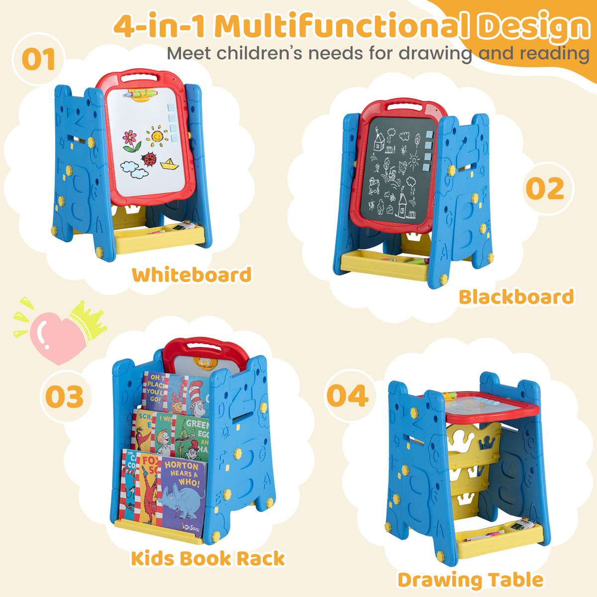 4 in 1 Art Easel for Kids, Double Sided Magnetic Board