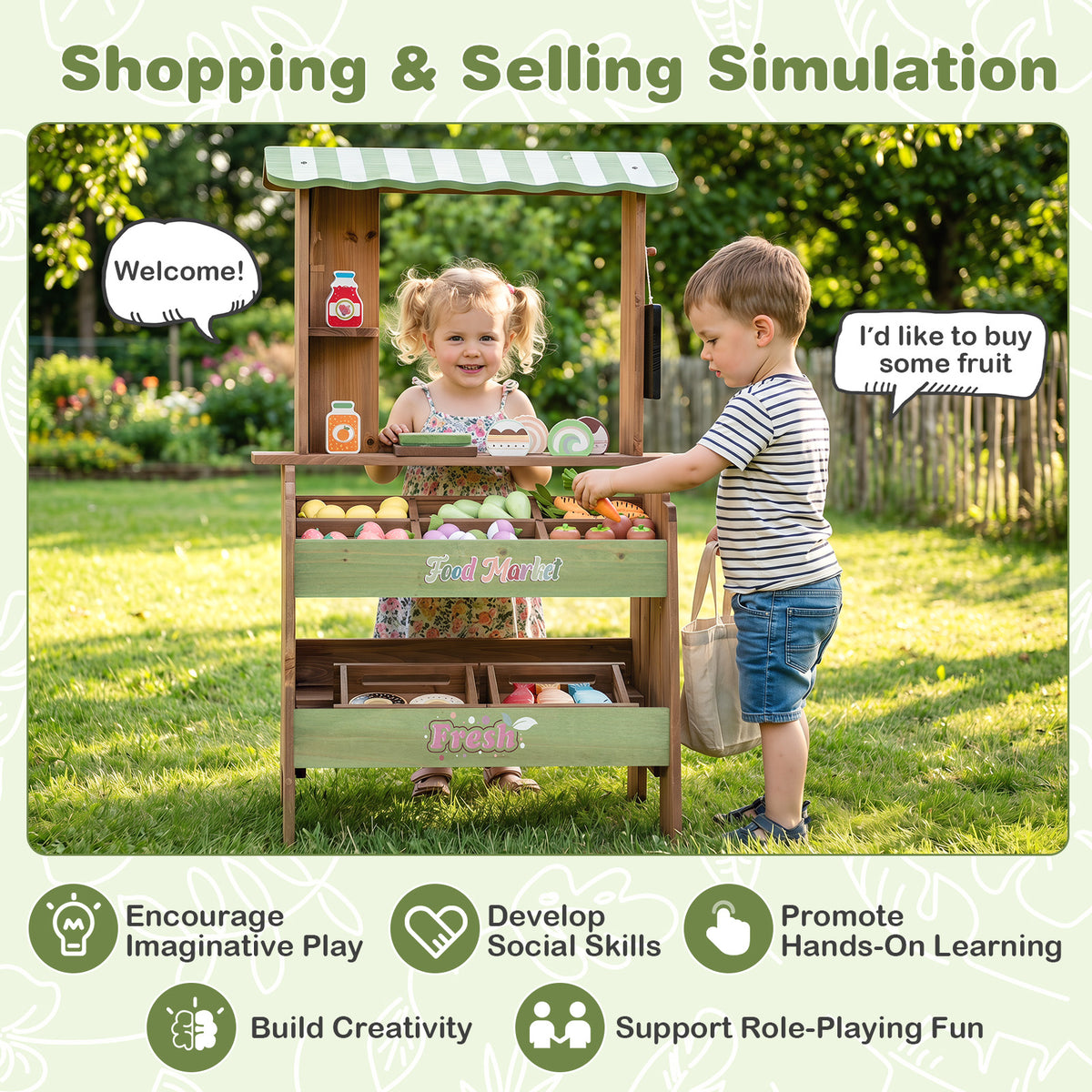 Wooden Mud Grocery Store for Kids, Outdoor & Indoor Farm Market Stand Playset