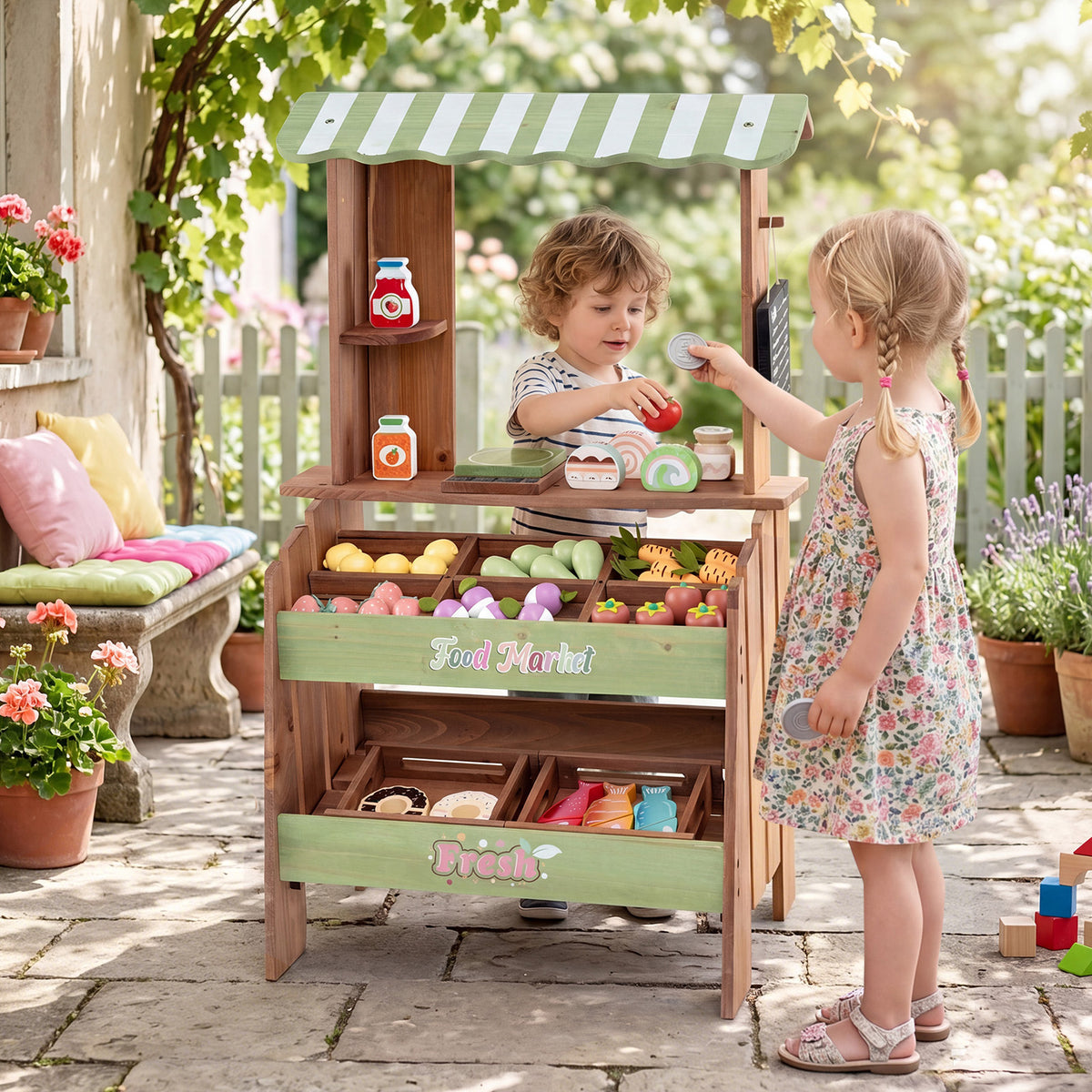 Wooden Mud Grocery Store for Kids, Outdoor & Indoor Farm Market Stand Playset